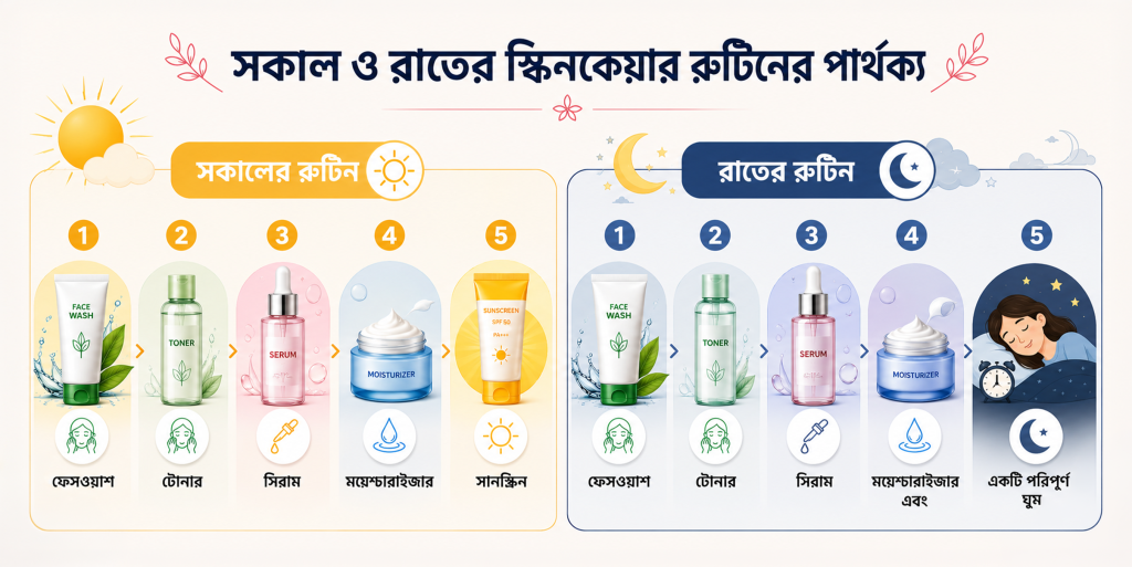 সকাল ও রাতের স্কিনকেয়ার রুটিনের পার্থক্য